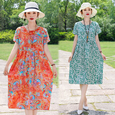 批发2025新款高端夏季棉绸<b class='q'>连衣裙</b>女短袖宽松气质中长款<b class='q'>人造棉</b>外穿裙子