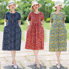 批发2025新款高端夏季棉绸<b class='q'>连衣裙</b>女短袖宽松气质中长款<b class='q'>人造棉</b>外穿裙子