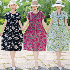 批发2025新款高端夏季棉绸<b class='q'>连衣裙</b>女短袖宽松气质中长款<b class='q'>人造棉</b>外穿裙子