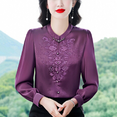 批发实拍2026春季新款时尚重工刺绣提花缎面雪纺<b class='q'>衫</b>气质珍珠扣长袖<b class='q'>上衣</b>