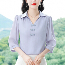 批发实拍2026夏季新款时尚新中式设计感简约盘扣衬衫气质<b class='q'>中袖</b><b class='q'>雪纺衫女</b>