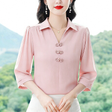批发实拍2026夏季新款时尚新中式设计感简约盘扣衬衫气质<b class='q'>中袖</b><b class='q'>雪纺衫女</b>