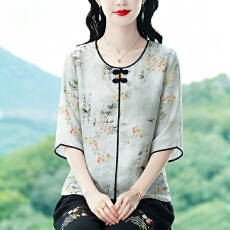 批发实拍2026夏季新款时尚新中式印花天丝棉麻T恤气质短袖透气<b class='q'>雪纺衫</b>