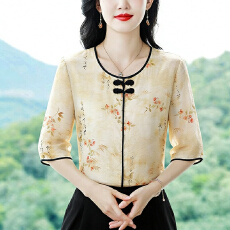 批发实拍2026夏季新款时尚新中式印花天丝棉麻T恤气质短袖透气<b class='q'>雪纺衫</b>