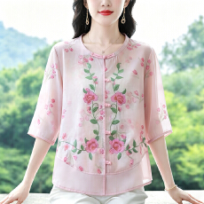 批发实拍2026夏季新款时尚新中式设计感棉麻拼接<b class='q'>雪纺衫</b>短袖气质上衣女