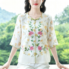 批发实拍2026夏季新款时尚新中式设计感棉麻拼接<b class='q'>雪纺衫</b>短袖气质上衣女