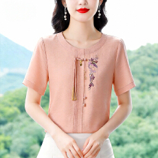 批发实拍2026夏季新款时尚重工刺绣新中式盘扣天丝上衣气质短袖<b class='q'>雪纺衫</b>