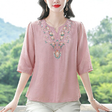 批发实拍2026夏季新款时尚刺绣天丝棉麻雪纺<b class='q'>衫</b>气质短袖百搭透气小衫女