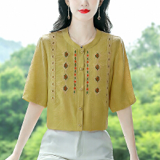 批发实拍2026夏季新款时尚刺绣衬衫气质百搭重工天丝短袖雪纺<b class='q'>衫</b><b class='q'>上衣</b>女