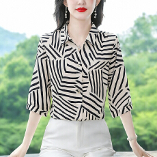 实拍2026夏季新款时尚韩系条纹格子印花衫气气质中袖雪纺衫上衣女