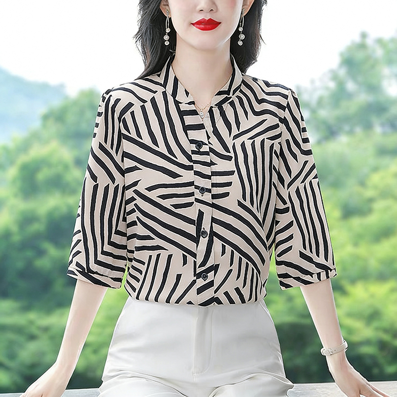 RY2909# 实拍2026夏季新款时尚韩系条纹格子印花衫气气质中袖雪纺衫上衣女