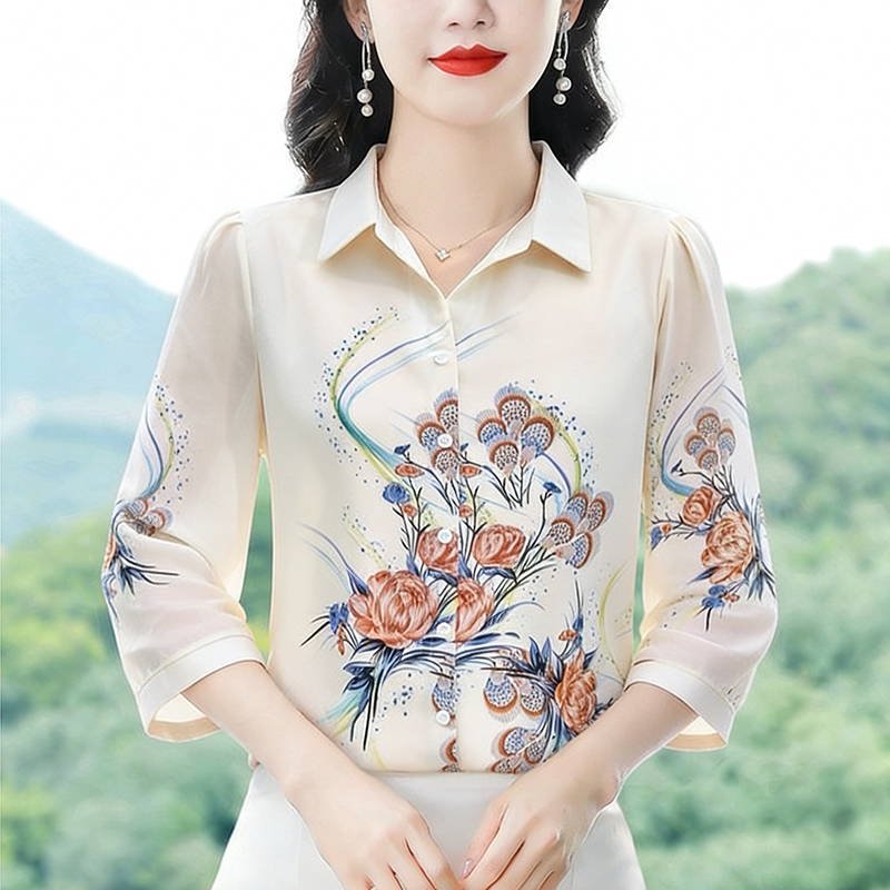 RY2908# 实拍2026夏季新款时尚韩系印花衬衫气质中袖宽松雪纺衫上衣女
