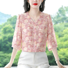 批发实拍2026夏季新款时尚韩系<b class='q'>印花</b>衬衫气质短袖宽松<b class='q'>雪纺衫</b>上衣女