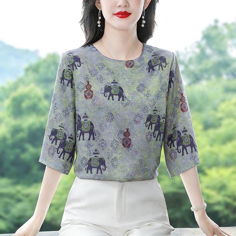 RY2907# 实拍2026夏季新款时尚韩系印花衬衫气质短袖宽松T恤上衣女