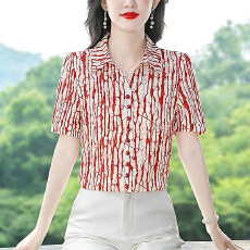 批发实拍2026夏季新款时尚韩系<b class='q'>印花</b>衬衫气质短袖宽松<b class='q'>雪纺衫</b>上衣女