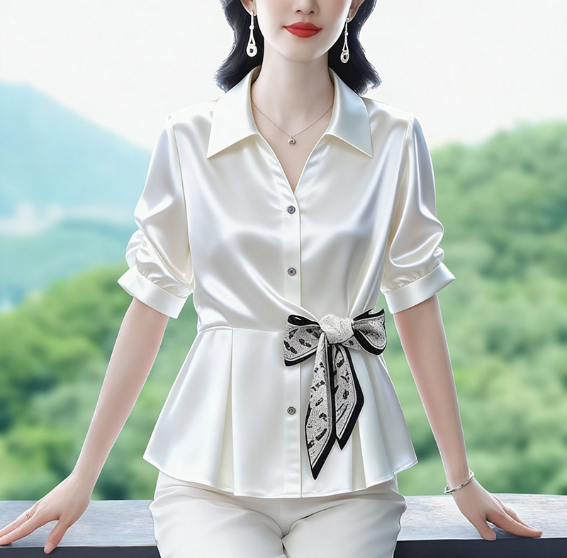 RY2906# 实拍2026夏季新款时尚设计感蝴蝶结系带缎面衬衫韩系百搭小衫上衣