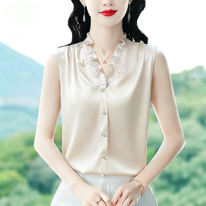 RY2905# 实拍2026夏季新款时尚设计感木耳边缎面背心气质无袖韩系百搭上衣