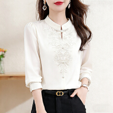 批发实拍2026春季新款时尚韩版重工刺绣钉珠<b class='q'>缎面</b>雪纺衫气质长袖上衣女