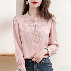 批发实拍2026春季新款时尚韩版重工刺绣钉珠<b class='q'>缎面</b>雪纺衫气质长袖上衣女