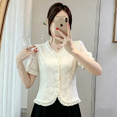 批发实拍2026夏季新款时尚设计感小众法式提花<b class='q'>雪纺衫</b>气质短袖上衣女