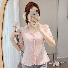 批发实拍2026夏季新款时尚设计感小众法式提花<b class='q'>雪纺衫</b>气质短袖上衣女