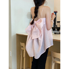 批发有货ins韩国2025夏新款甜美<b class='q'>宽松</b>粉色肌理感蝴蝶结娃娃衫吊带背心
