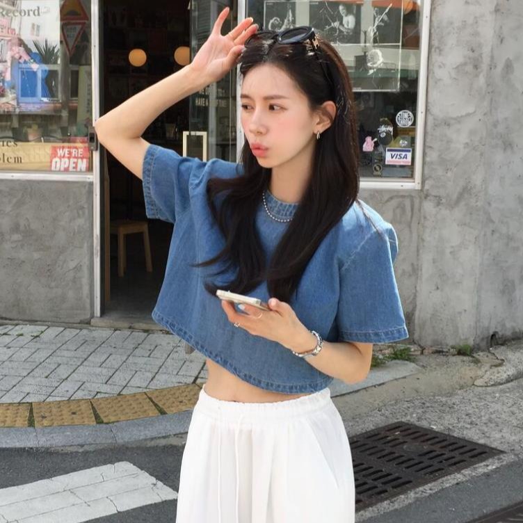 있음 선적 ins 한국 동대문 세련된 고급 센스 레트로 데님 블루 반팔 편안함 다용도 데님 맨위