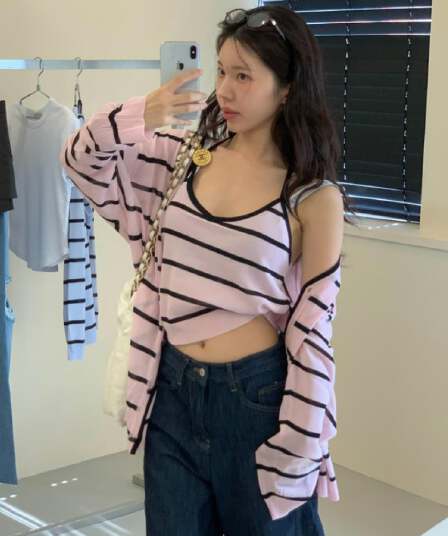 재고 있음 ins 한 부서 여름 얇은 스타일 품격 느긋한 시원한 긴팔 니트 스웨터 오픈 가디건 슬립 투피스 세트