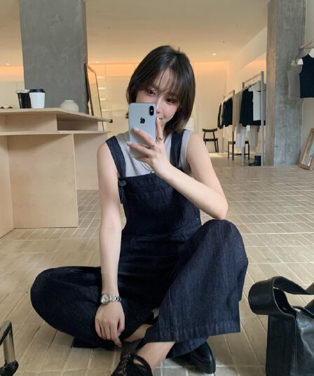 재고 있음 ins 한국 진한 파란색 루즈핏 멜빵 바지 청바지 가을 레트로 느슨함 느긋한 센스 바지