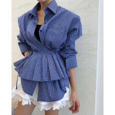 批发有货ins韩国绝美撞色格子衬衣 小众设计师款百褶裙腰封格纹衬衫