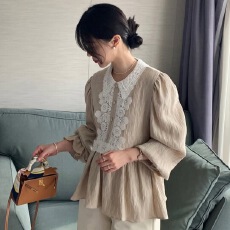 批发ins韩国小众<b class='q'>设计</b>感蕾丝拼接翻领下摆娃娃裙衬衫上衣