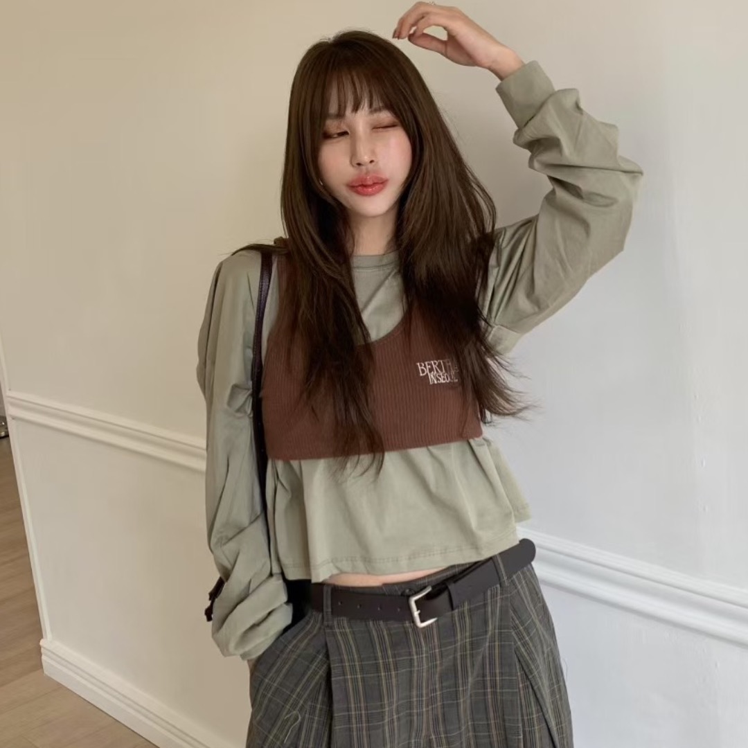 재고 있음 ins 한국 동대문 디자인 센스 투피스 세트 거품 소매 긴팔 티셔츠 스택 착용 조끼