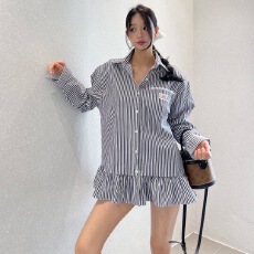 批发ins韩国学院风条纹衬衫蕾丝拼接连衣裙复古气质长袖衬衣裙子女