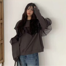 有货~ins 韩国东大门新款欧根纱荷叶边镂空长袖宽松卫衣外套女