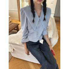 批发ins韩国法式淑女大翻领气质衬衫2025秋款甜美长袖<b class='q'>婴儿</b>蓝显白衬衣