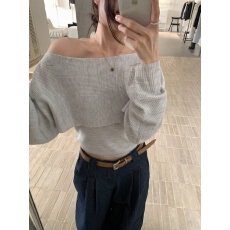批发有货ins韩系一字肩蝙蝠袖毛衣女<b class='q'>长袖</b>斜肩针织衫松弛感两件套