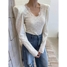 批发ins<b class='q'>韩国</b>东大门2025新款蕾丝弹力微透垫肩泡泡袖打底上衣