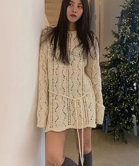 재고 있음 ins 한국 동대문 레트로 달콤함 홀로우 아웃 중간 길이 스웨터 느긋한 바람 루즈핏 벨트 니트 스웨터