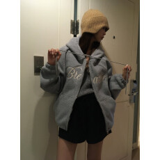 INS韩国东大门两面穿保暖穿拉绒字母拉链连帽卫衣外套