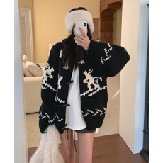 批发chic韩系2025麋鹿提花重工毛针织<b class='q'>开衫</b>长袖牛角扣超好看外套毛衣