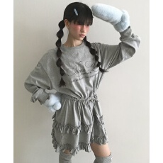 批发chic韩国东大门早春新款字母印花木耳边系带长袖<b class='q'>连衣裙</b>