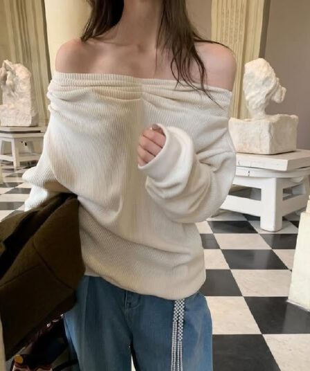 재고 있음 chic 한 부서 이른 봄 새로운 핀치 Pleat 보트넥 오프숄더 루즈핏 긴팔 맨위 티셔츠 여성