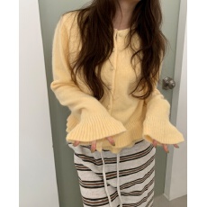 批发chic韩系鹅黄色荷叶边针织开衫女新款独特漂亮<b class='q'>短款</b><b class='q'>毛衣</b>外套上衣