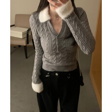 批发chic韩国东大门软糯绒绒 V领环保水貂拼接撞色修身弹力针织衫毛衣