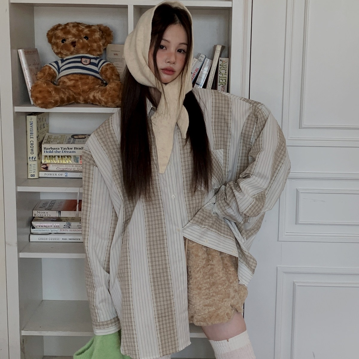 재고 있음 ins 아메리칸 레트로 배색 체크무늬 여성 셔츠 이른 봄 고급 센스 스트라이프 셔츠 oversize