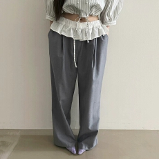 批发chic<b class='q'>韩国</b>东大门春款撞色拼接荷叶边松紧腰直筒长裤<b class='q'>西装</b>裤