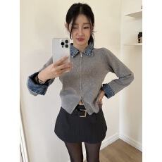 批发chic<b class='q'>韩国</b>东大门春季新款<b class='q'>牛仔</b>拼接翻领拉链针织开衫毛衣<b class='q'>外套</b>