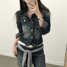 批发chic韩国2026年<b class='q'>春</b>季新款水洗做旧复古千禧简约牛仔外套女潮
