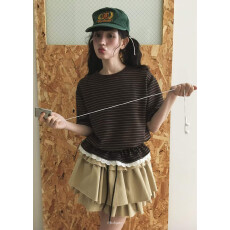 chic韩国东大门2026春夏季复古条纹时尚拼接蕾丝下摆短袖T恤