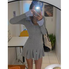 批发chic韩国东大门2026早春拼色翻领修身显瘦喇叭袖连衣裙短<b class='q'>裤</b>2件套